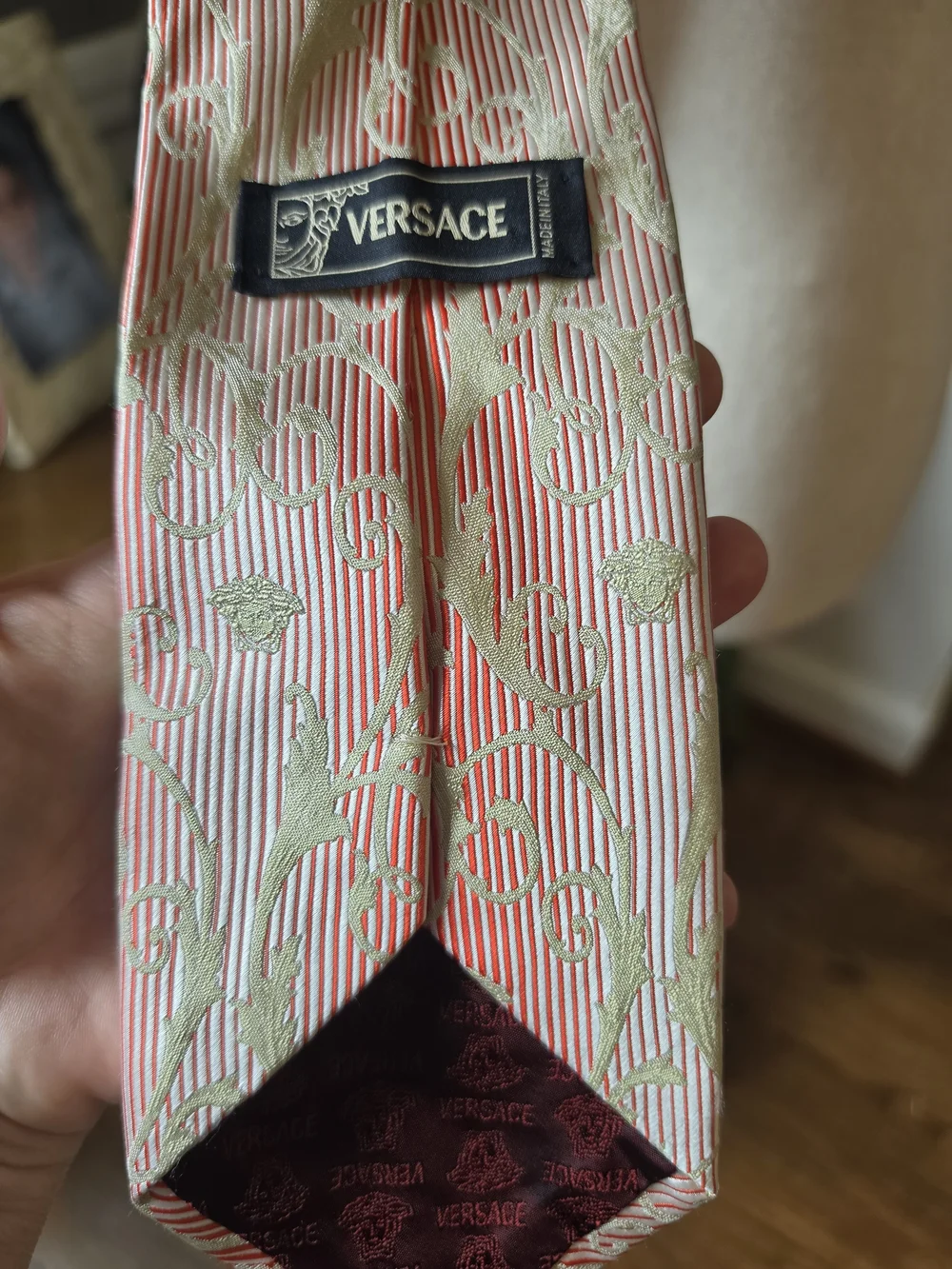 Vintage Versace Coral and Light Green Floral Jacquard Silk Tie